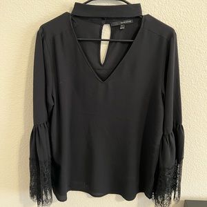 Harve Bernard black V neck blouse with lace. Size M